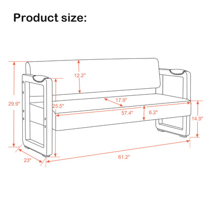 BarberPub Waiting Room Chairs,Bench with Backrest,Modern Style Leather Bench with Rivets, Faux Leather Armed Bench, Upholstered Bench for Living Room Office W423