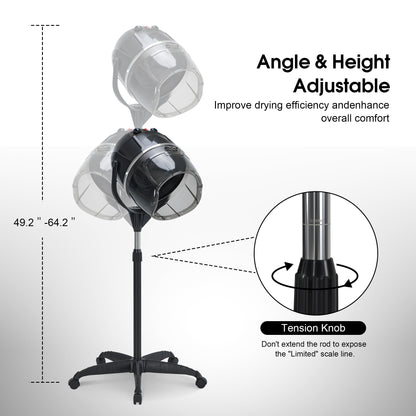 BarberPub 1300W Adjustable Hooded Floor Hair Bonnet Dryer Stand Up Rolling Base VHD08