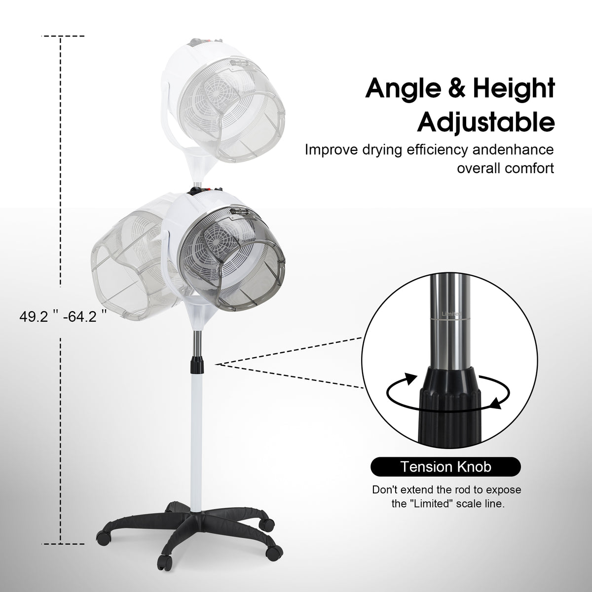 BarberPub 1300W Adjustable Hooded Floor Hair Bonnet Dryer Stand Up Rolling Base VHD08