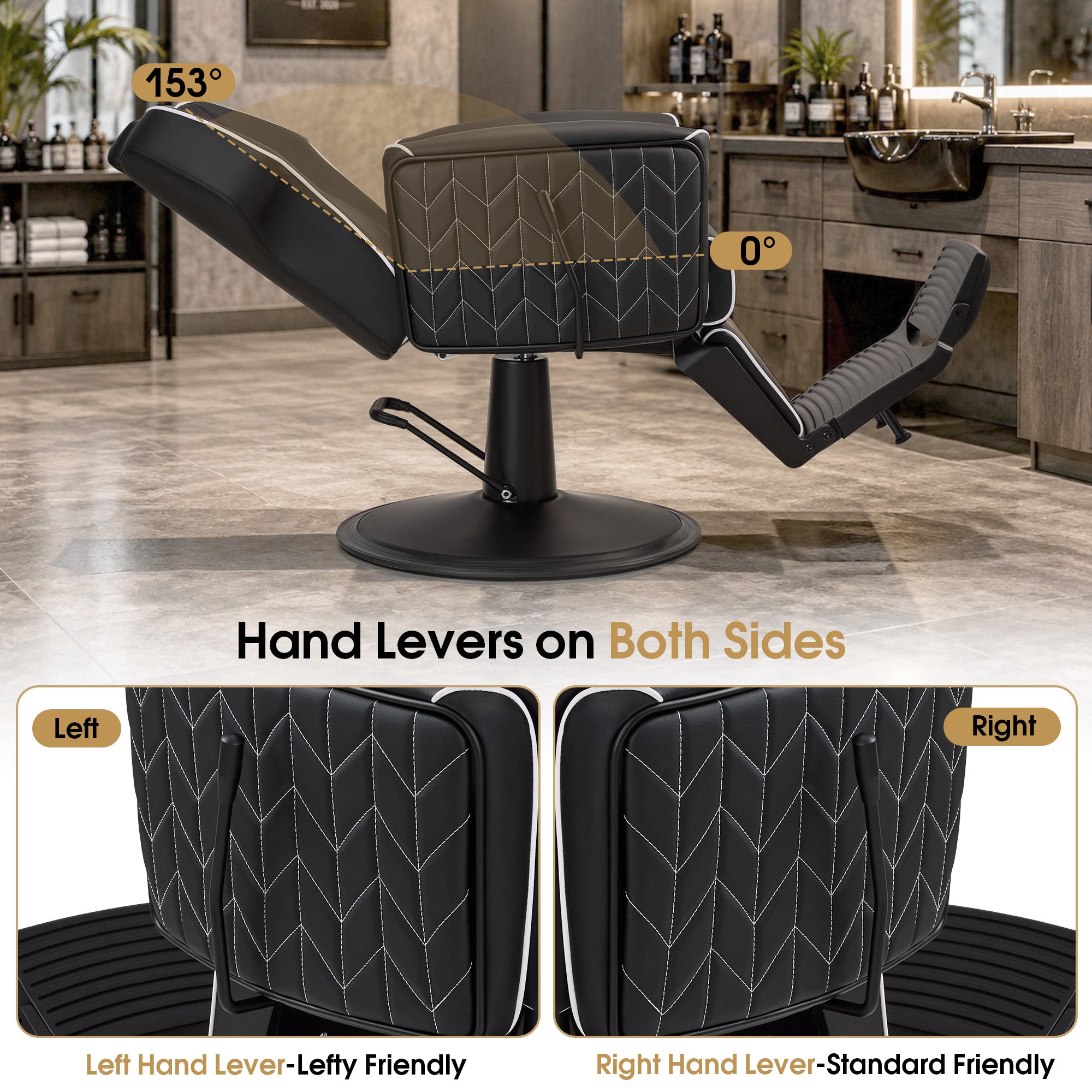 BarberPub Classic Barber Chair, Dual Hand Levers for Left-handed Users, Reclining Salon Chair, 9274