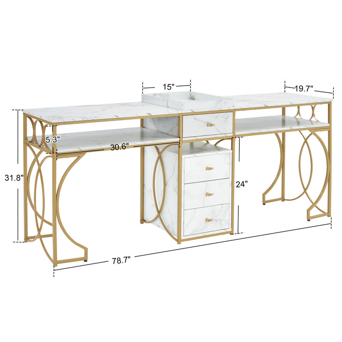 BarberPub Double Manicure Table for 2 person, Nail Station Marbling Texture, Long Nail Desk with Storage Drawers, Double Nail Table for Nail Tech with Metal Frame 2488