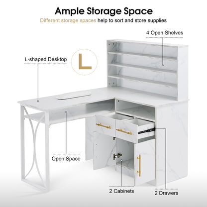 BarberPub L-shaped Nail Desk, Versatile Manicure Table with Metal Support 2833