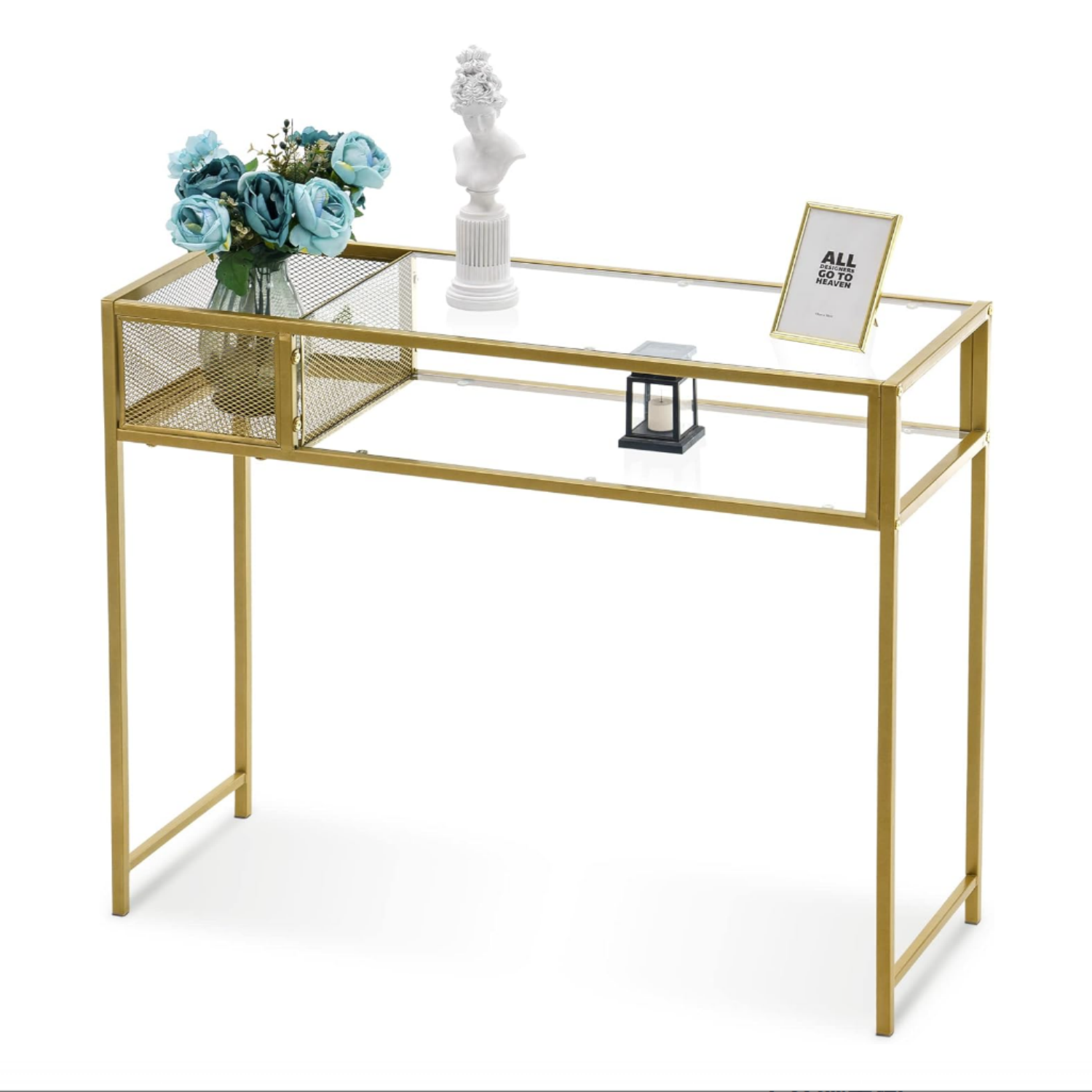 Barberpub Nail Table with Glass Shelves and Gold Metal Frame, Manicure Station Beauty Desk