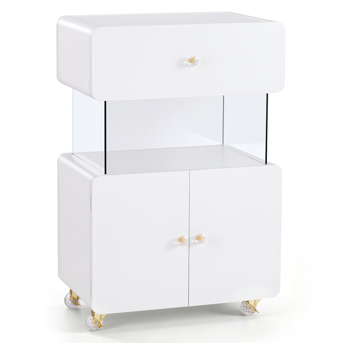 BarberPub Storage Rolling Salon Trolley with Glass Shelf, utility cart 2098|Hair Salon Cart with Drawer, Cabinet, Lockable Wheels, Beauty Spa Utility Styling Tools Organizer, White Barber Equipment