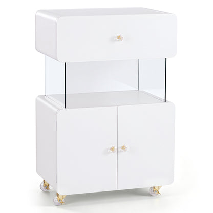 BarberPub Storage Rolling Salon Trolley with Glass Shelf, utility cart 2098|Hair Salon Cart with Drawer, Cabinet, Lockable Wheels, Beauty Spa Utility Styling Tools Organizer, White Barber Equipment