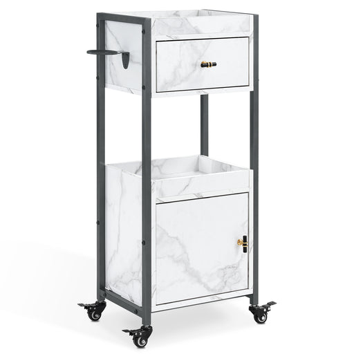BarberPub Salon Rolling Trolley Cart with Drawer&Dryer Holder, Beauty Barber Marbling Textured Mobile Storage Organizer, Hair Stylist Cabinet Station with Wheels 2477