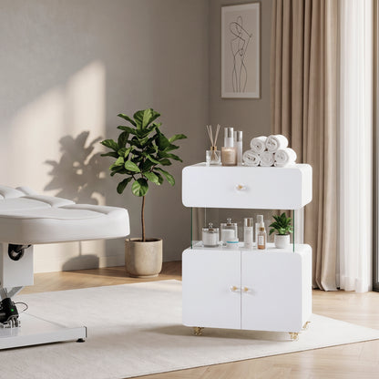BarberPub Storage Rolling Salon Trolley with Glass Shelf, utility cart 2098|Hair Salon Cart with Drawer, Cabinet, Lockable Wheels, Beauty Spa Utility Styling Tools Organizer, White Barber Equipment