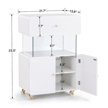 BarberPub Storage Rolling Salon Trolley with Glass Shelf, utility cart 2098|Hair Salon Cart with Drawer, Cabinet, Lockable Wheels, Beauty Spa Utility Styling Tools Organizer, White Barber Equipment