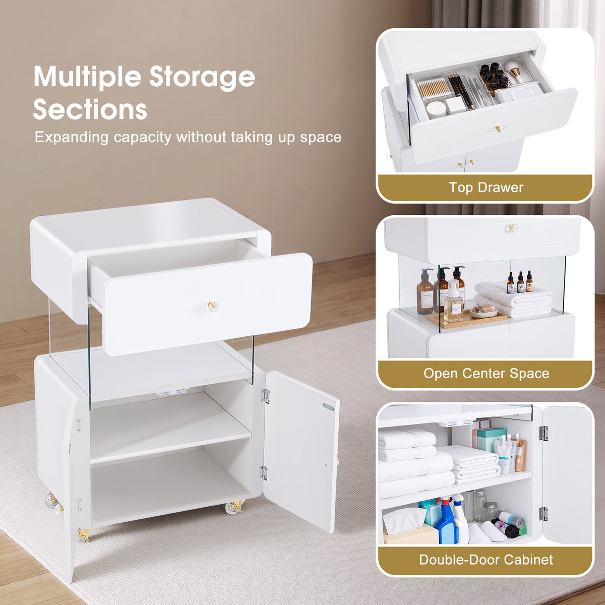 BarberPub Storage Rolling Salon Trolley with Glass Shelf, utility cart 2098|Hair Salon Cart with Drawer, Cabinet, Lockable Wheels, Beauty Spa Utility Styling Tools Organizer, White Barber Equipment