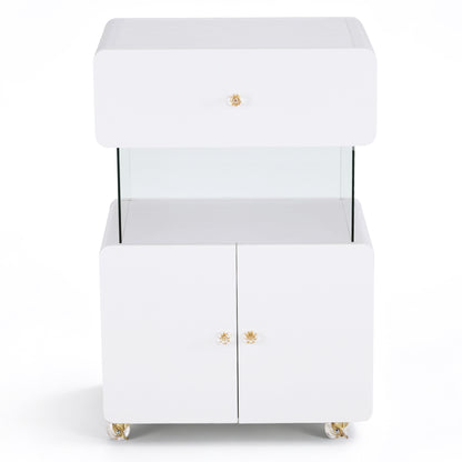 BarberPub Storage Rolling Salon Trolley with Glass Shelf, utility cart 2098|Hair Salon Cart with Drawer, Cabinet, Lockable Wheels, Beauty Spa Utility Styling Tools Organizer, White Barber Equipment