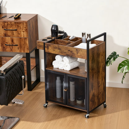 BarberPub Rolling Salon Cart with Power Outlet, Barber Trolley with Metal Tool Holder &amp; Storage Cabinet, Beauty Salon Equipment with Mesh Doors for Hair Stylist 2087
