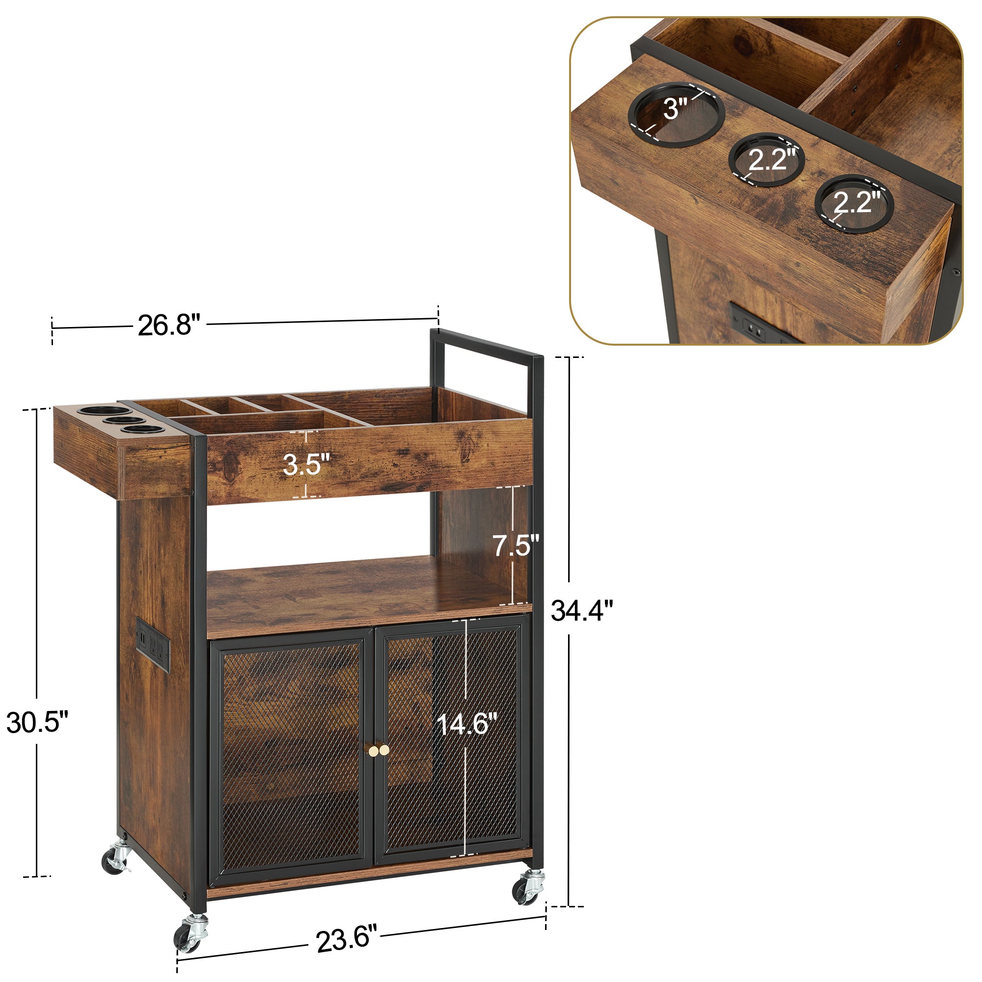 BarberPub Rolling Salon Cart with Power Outlet, Barber Trolley with Metal Tool Holder &amp; Storage Cabinet, Beauty Salon Equipment with Mesh Doors for Hair Stylist 2087