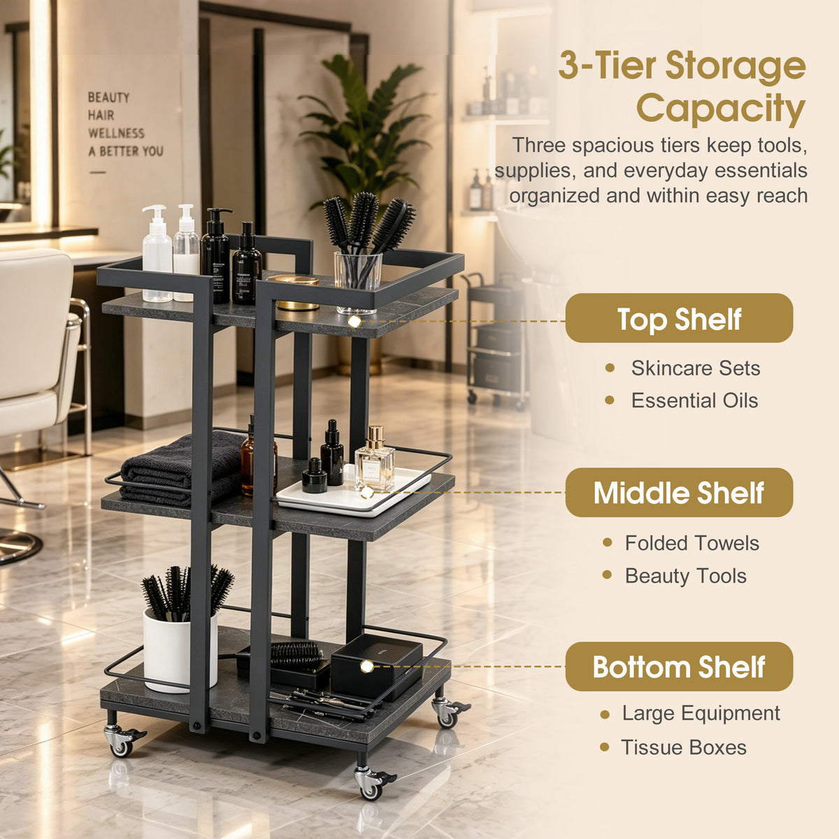 BarberPub Utility Manicure Trolley Multi-purpose Metal Rack Heavy-Duty Cart 2033