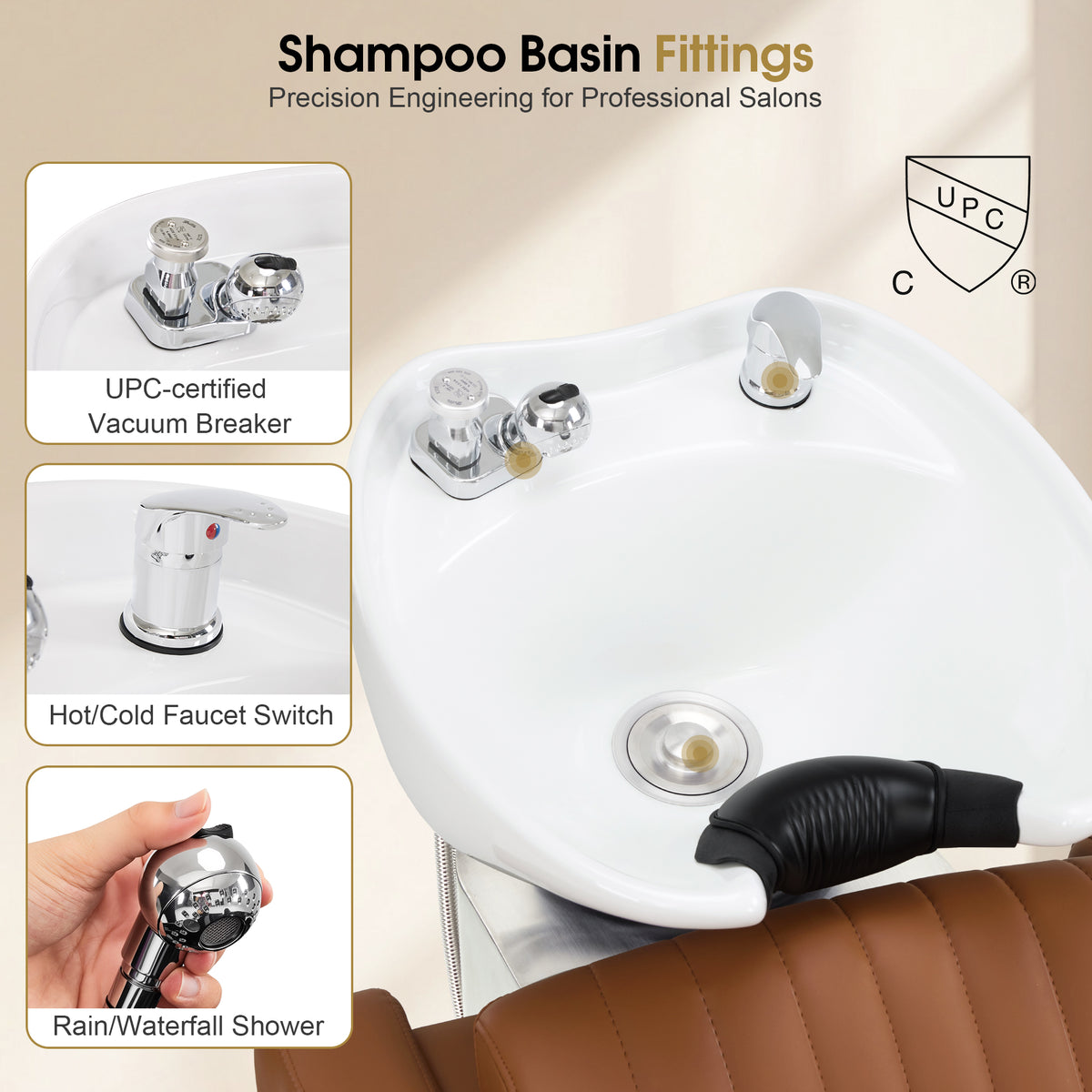 BarberPub Shampoo Bowl and Chair Set, Mold-resistant PVC Leather, 9718