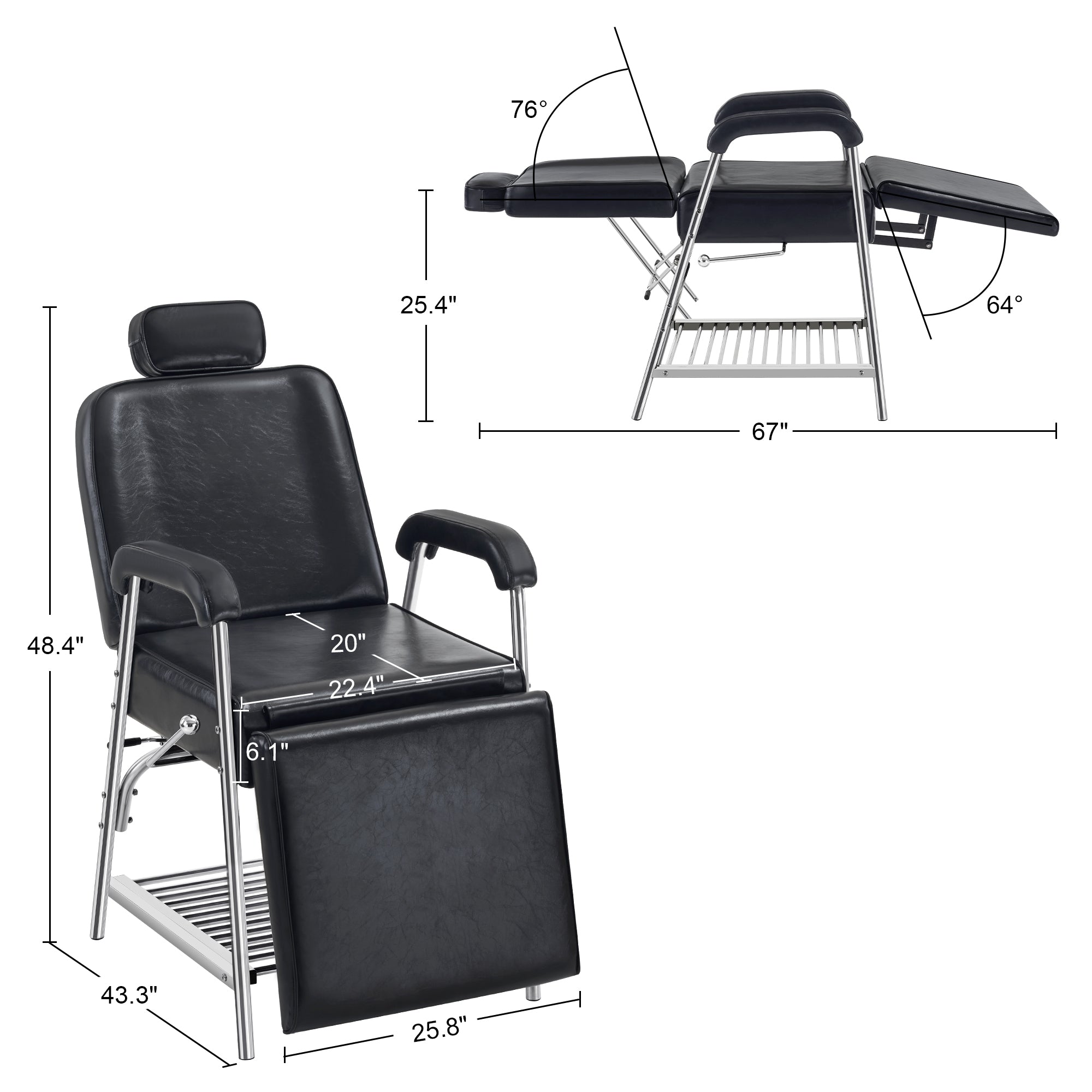 BarberPub Professional Tattoo Chair with Headrest Massage Bed with Storage Shelf 2767