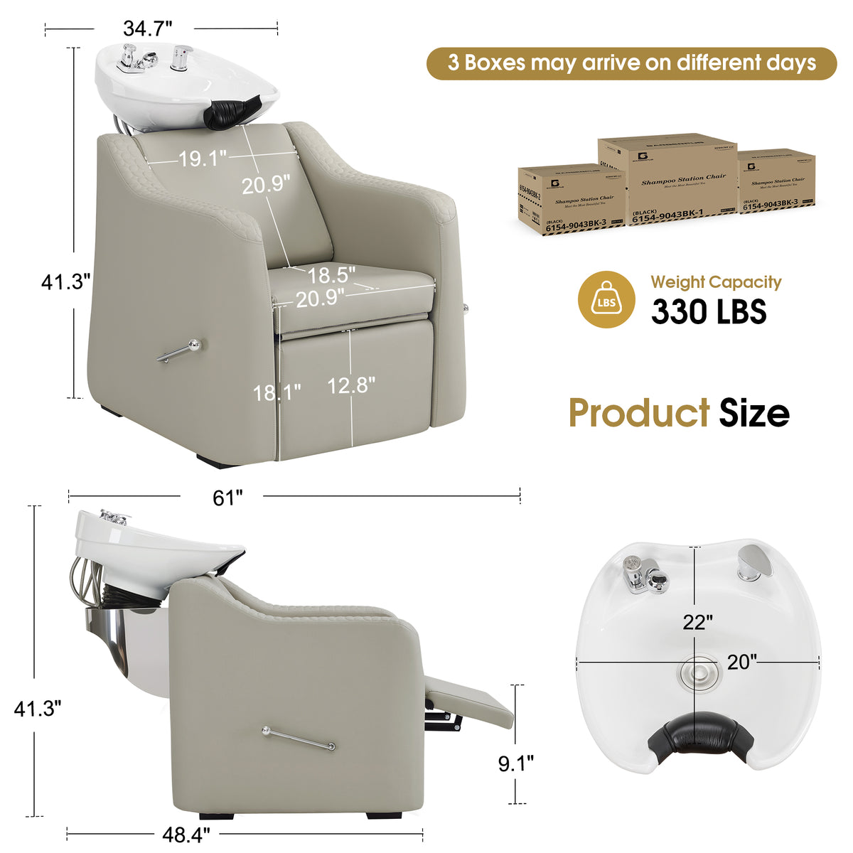 BarberPub Shampoo Chair and Bowl Set, Dual Side Hand Levers, 9043