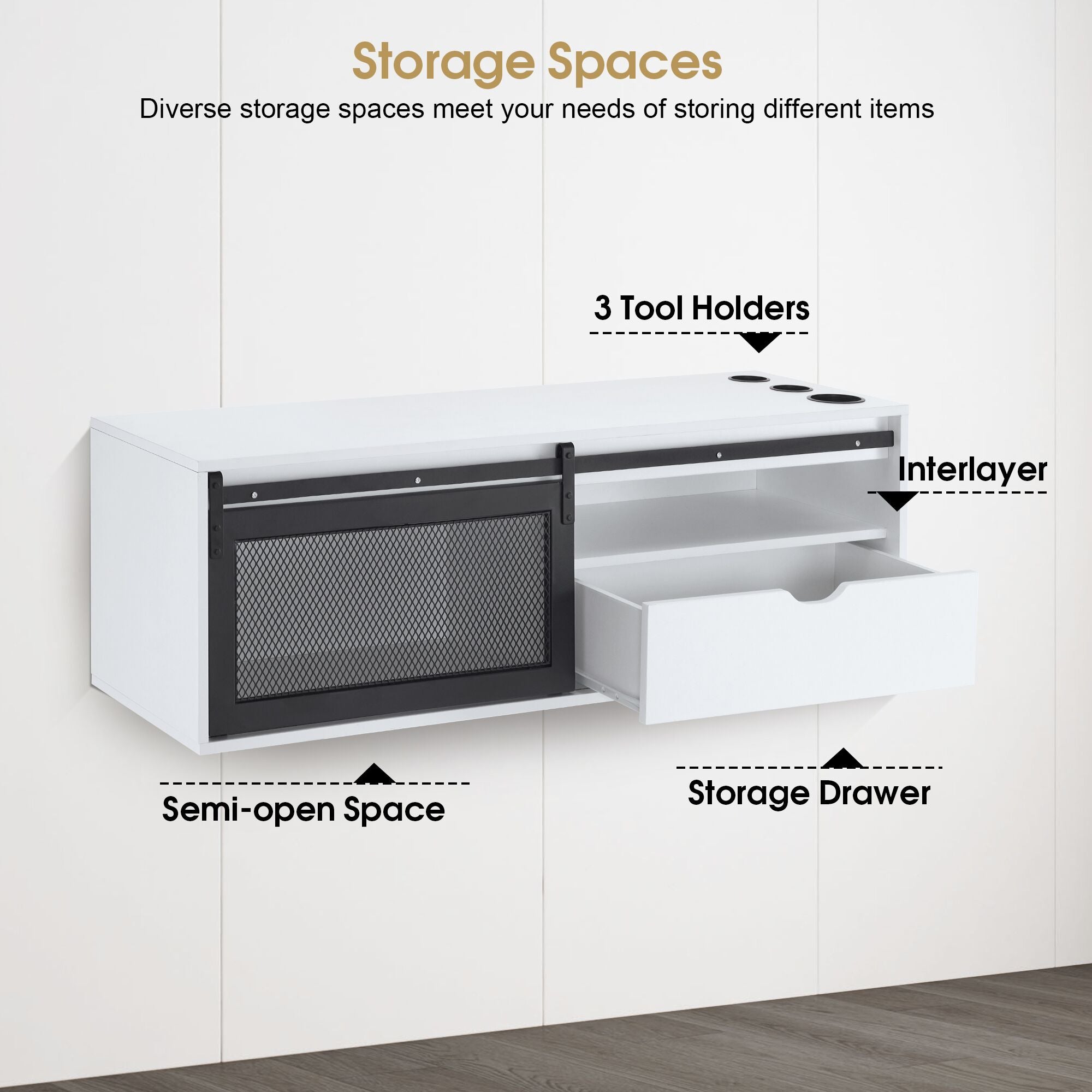 BarberPub Wall Mount Station with 3 Tool Holders, Multi-functional Storage Cabinet with Sliding Door 2503