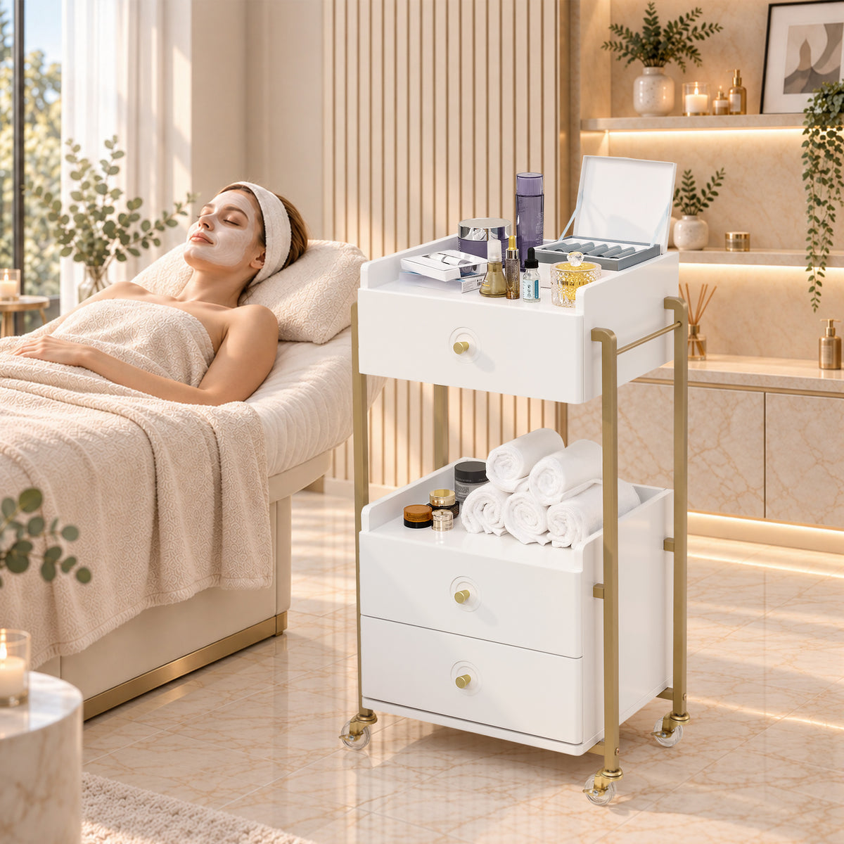 BarberPub Storage Salon Trolley Cart with Lockable Wheels,Rolling Cart | Salon Cart with 3 Drawers & Lockable Wheels, Beauty Spa Styling Tools Organizer, White‑Gold Rolling Cart for Salon Hairstylist 2055
