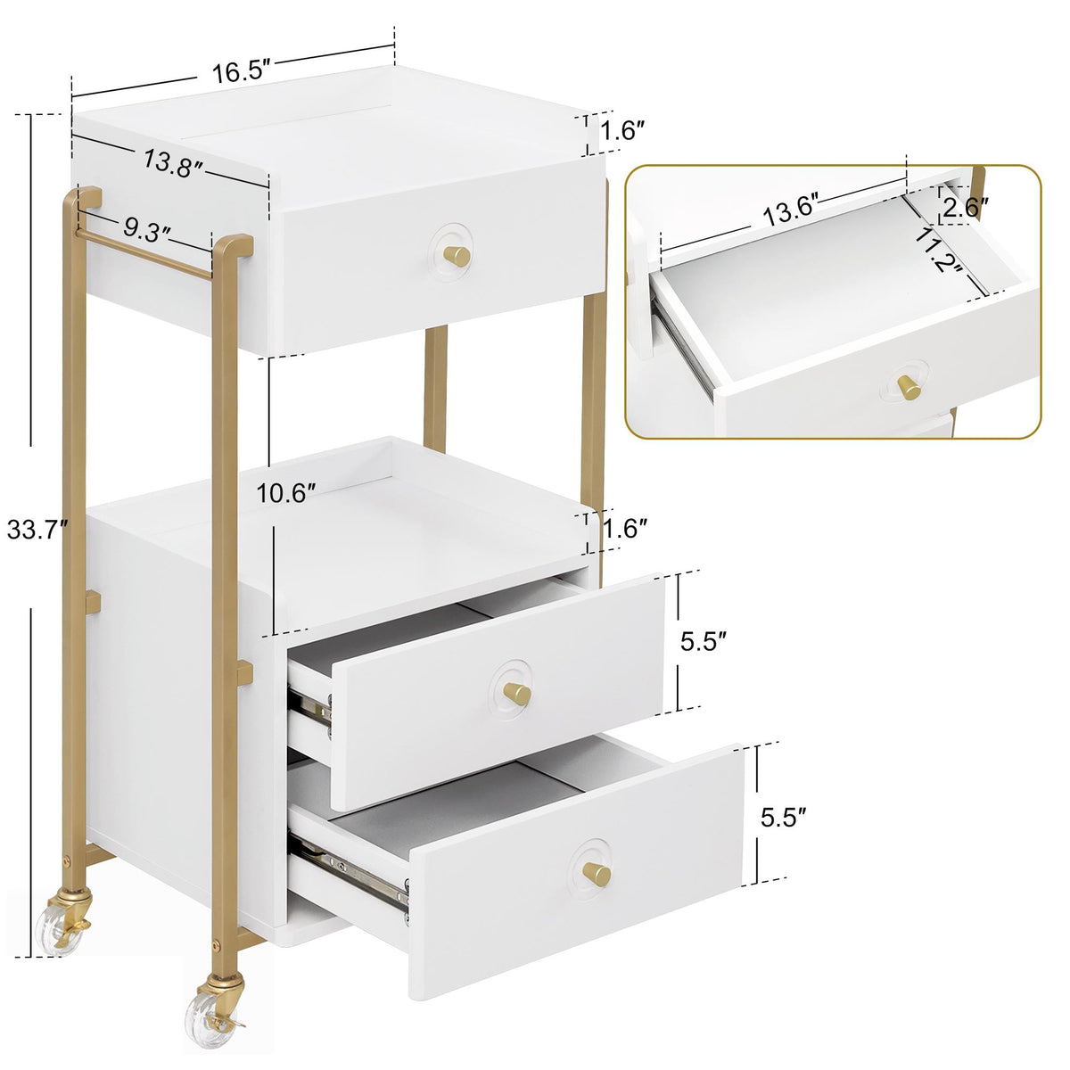 BarberPub Storage Salon Trolley Cart with Lockable Wheels,Rolling Cart | Salon Cart with 3 Drawers & Lockable Wheels, Beauty Spa Styling Tools Organizer, White‑Gold Rolling Cart for Salon Hairstylist 2055