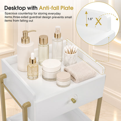 BarberPub Storage Salon Trolley Cart with Lockable Wheels,Rolling Cart | Salon Cart with 3 Drawers & Lockable Wheels, Beauty Spa Styling Tools Organizer, White‑Gold Rolling Cart for Salon Hairstylist 2055