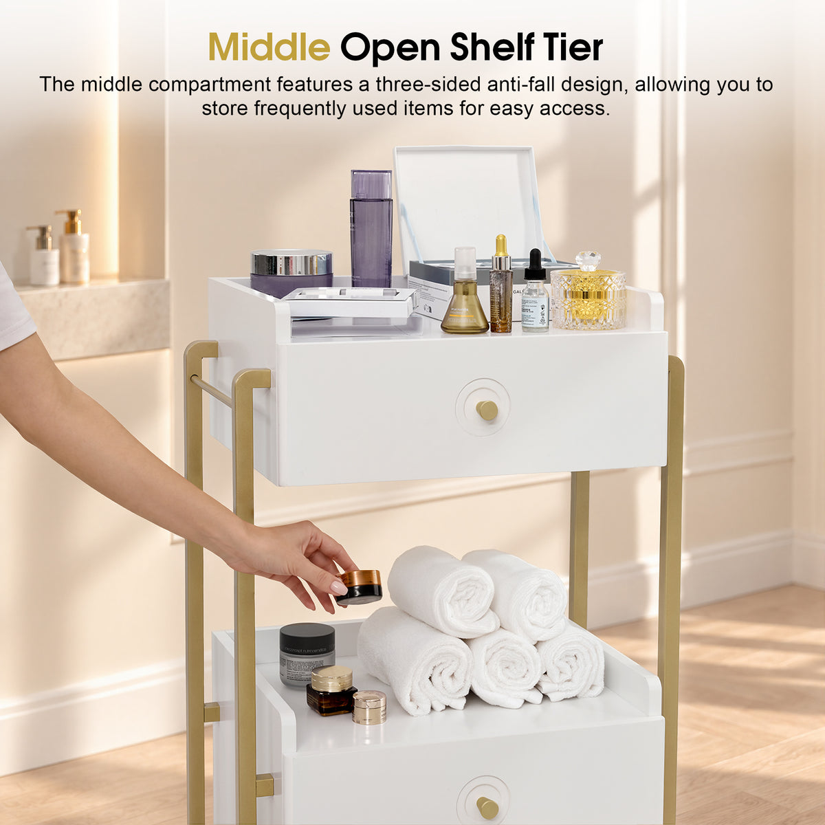 BarberPub Storage Salon Trolley Cart with Lockable Wheels,Rolling Cart | Salon Cart with 3 Drawers & Lockable Wheels, Beauty Spa Styling Tools Organizer, White‑Gold Rolling Cart for Salon Hairstylist 2055