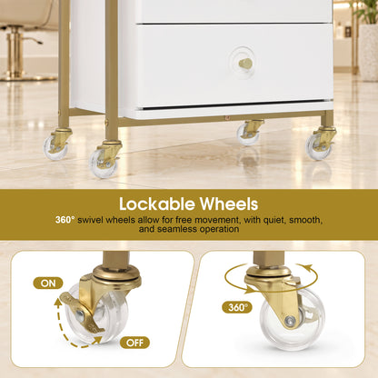 BarberPub Storage Salon Trolley Cart with Lockable Wheels,Rolling Cart | Salon Cart with 3 Drawers & Lockable Wheels, Beauty Spa Styling Tools Organizer, White‑Gold Rolling Cart for Salon Hairstylist 2055