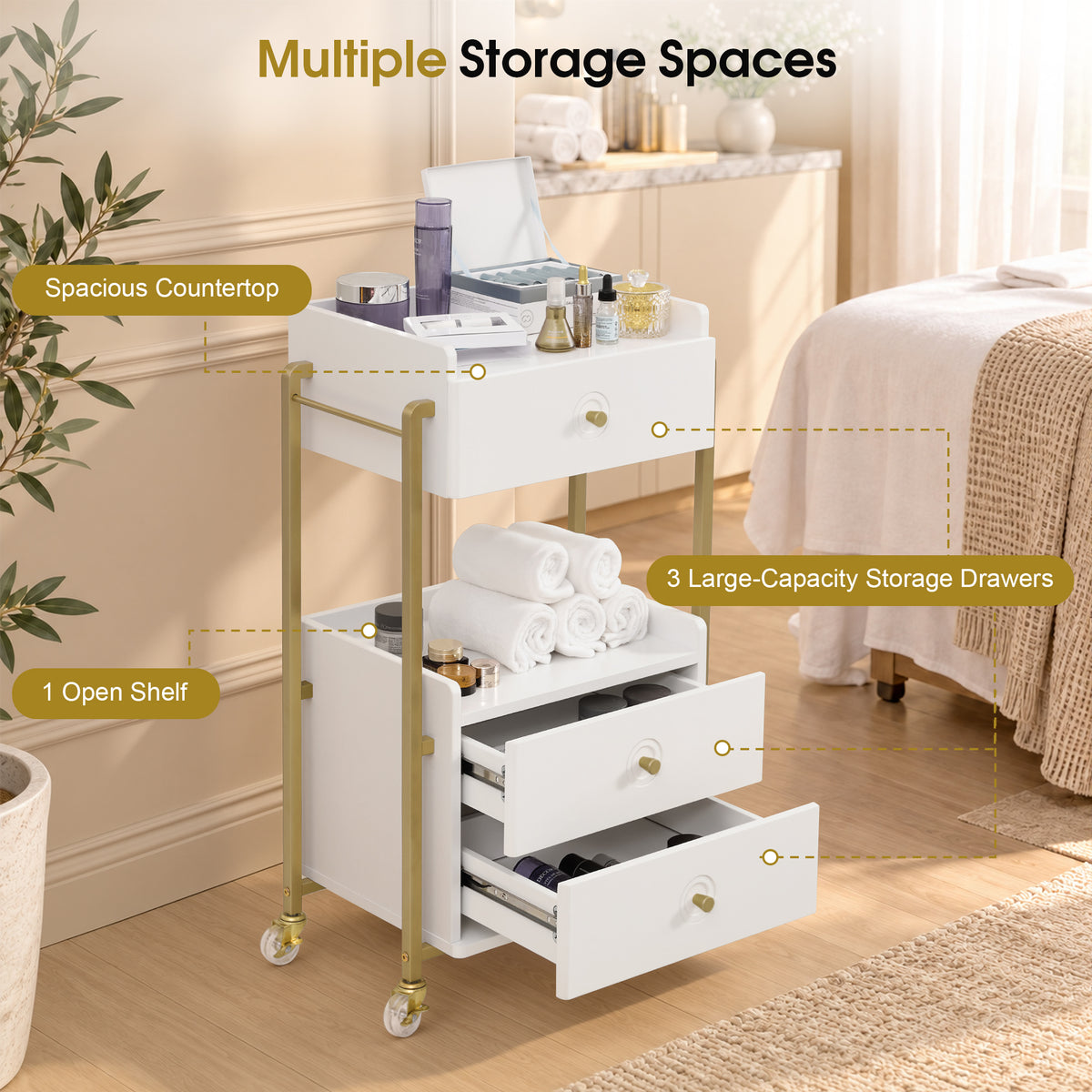 BarberPub Storage Salon Trolley Cart with Lockable Wheels,Rolling Cart | Salon Cart with 3 Drawers & Lockable Wheels, Beauty Spa Styling Tools Organizer, White‑Gold Rolling Cart for Salon Hairstylist 2055