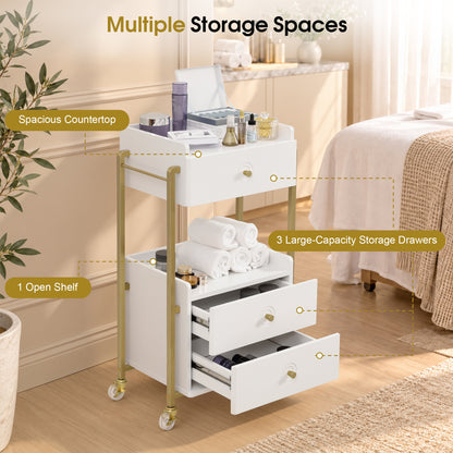 BarberPub Storage Salon Trolley Cart with Lockable Wheels,Rolling Cart | Salon Cart with 3 Drawers & Lockable Wheels, Beauty Spa Styling Tools Organizer, White‑Gold Rolling Cart for Salon Hairstylist 2055