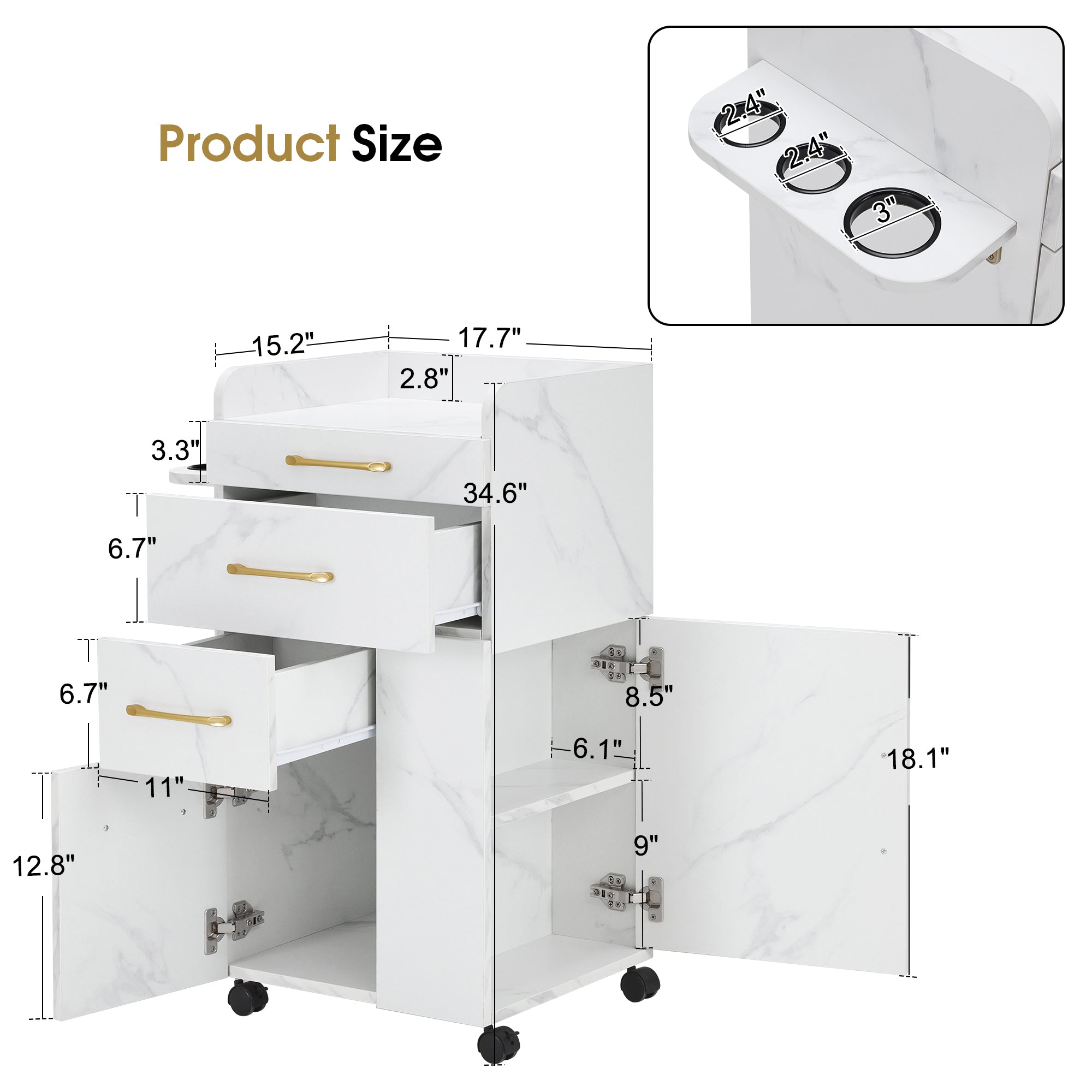 BarberPub Salon Trolley with Cabinets and tool holders, Barber Storage Utility Cart 2053