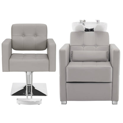 BarberPub Salon Chair 9468 & Backwash Shampoo Chair 9309 Set – Brown Hydraulic Barber Styling Chair with Ceramic Hair Wash Bowl