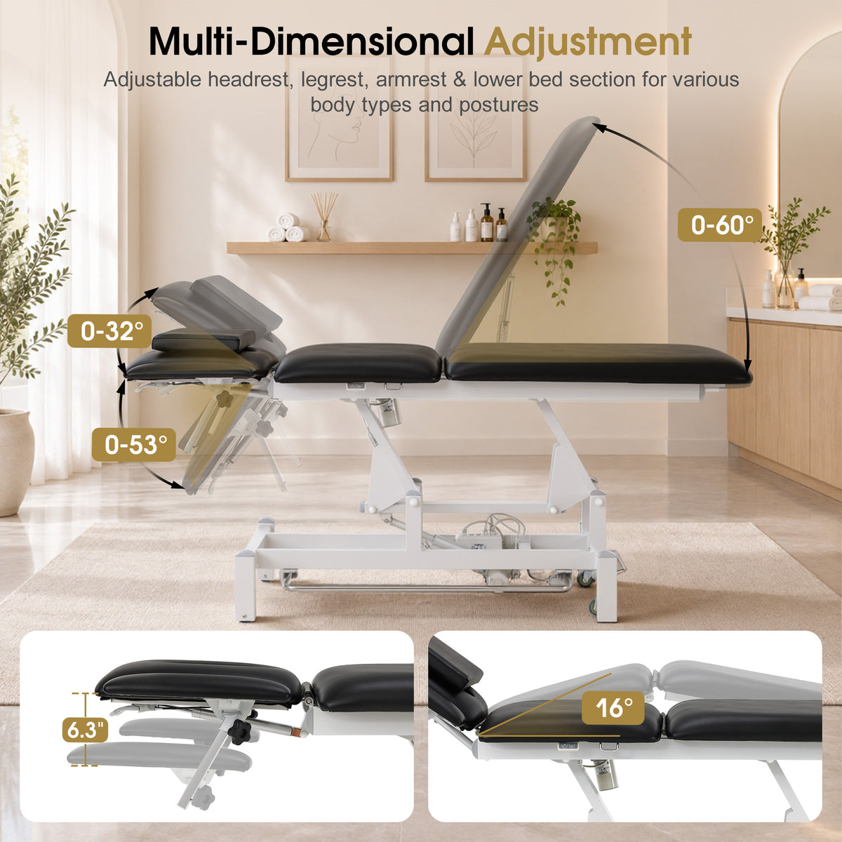 BarberPub Electric Facial Bed Esthetician Table, Height Adjustable Foot Control, 340LBS Load, Multi-angle & Seat Tilt, Removable Headrest, Reversible Use, Wipe-clean PVC/PU, Easy to Move, 2902