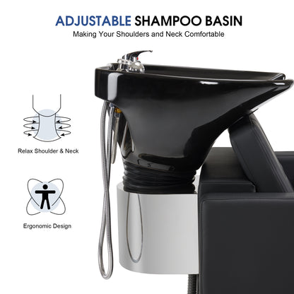 BarberPub Salon Chair 9468 & Backwash Shampoo Chair 9309 Set – Brown Hydraulic Barber Styling Chair with Ceramic Hair Wash Bowl
