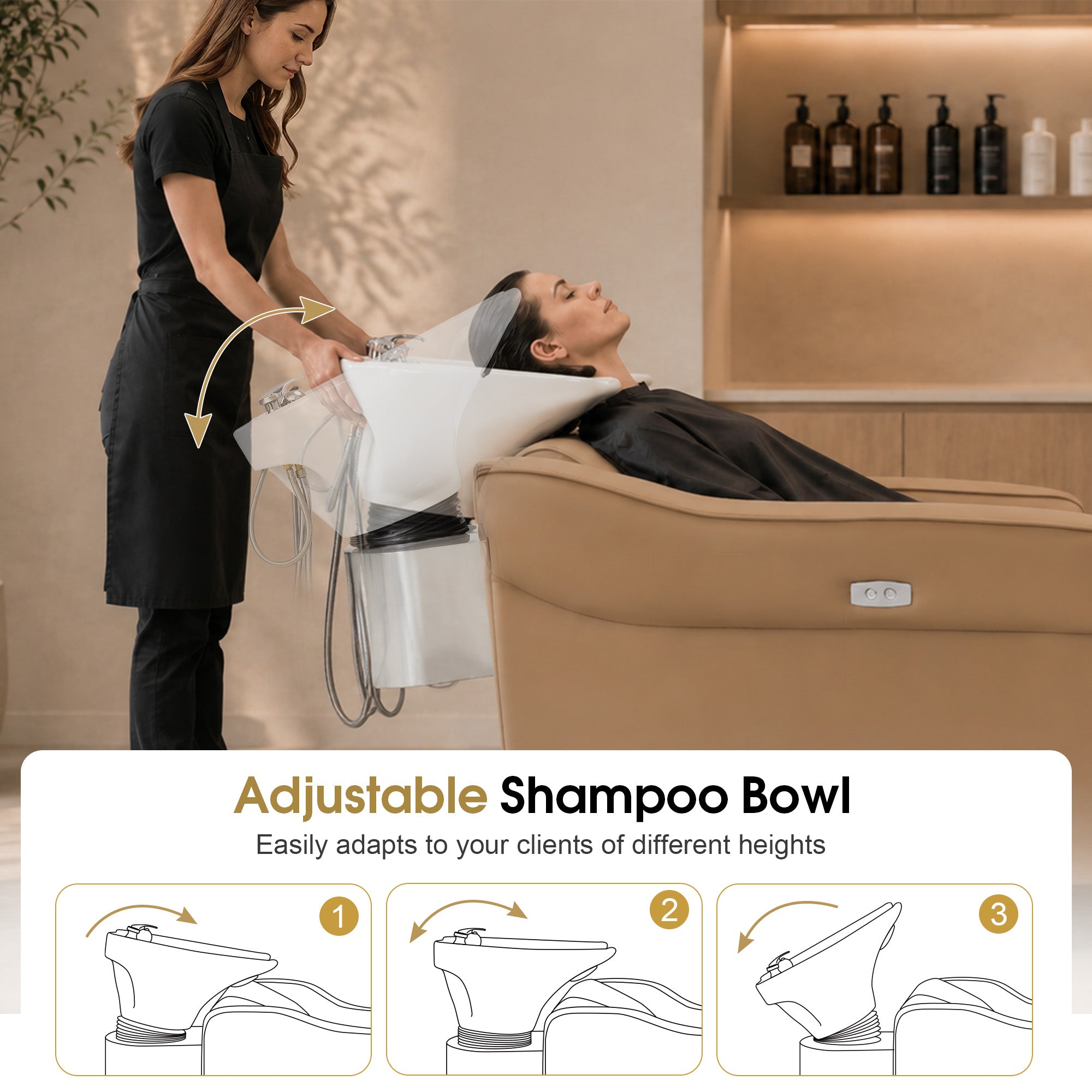 BarberPub Electric Shampoo Bowl and Chair Set for Salon, Adjustable Porcelain Hair Wash Bowl, 4.8’’ Extended Footrest, UPC Certificated Vacuum Breaker, 9627