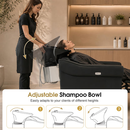 BarberPub Electric Shampoo Bowl and Chair Set for Salon, Adjustable Porcelain Hair Wash Bowl, 4.8’’ Extended Footrest, UPC Certificated Vacuum Breaker, 9627