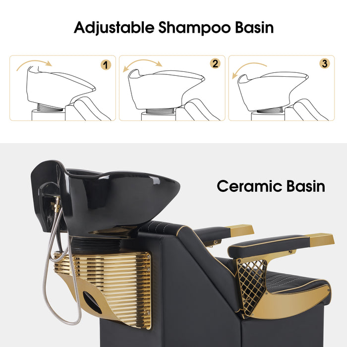BarberPub Backwash Shampoo Station Chair and Bowl Unit, Tilting Porcelain Ceramic Basin Sink, Black&Gold Shampoo Barber Chair with Vacuum Breaker for Barbershop Beauty Spa Salon Equipment 8615