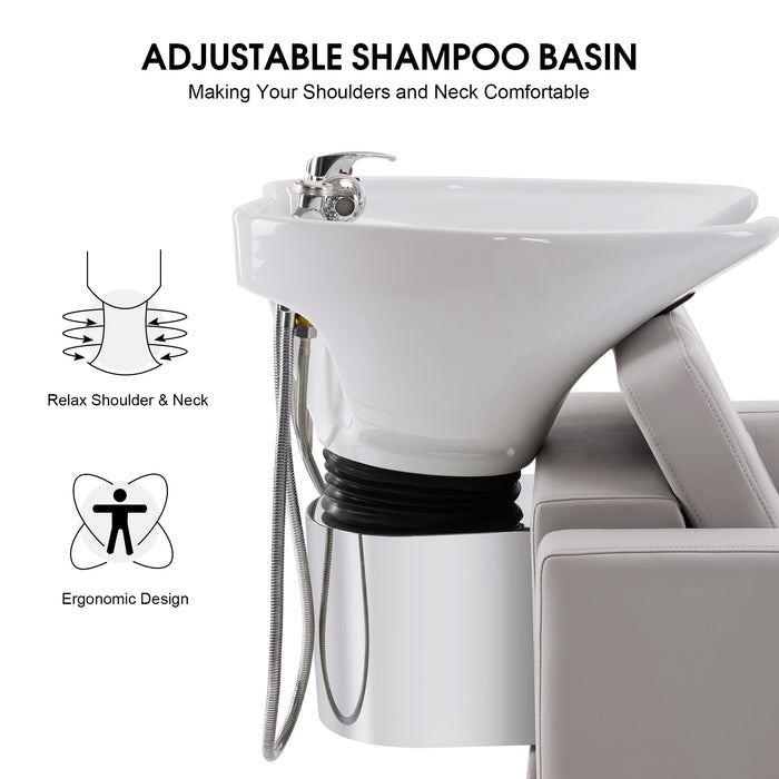BarberPub Backwash Shampoo Station Chair, Adjustable Porcelain Ceramic Hair Wash Bowl, Vacuum Breaker, Shampoo Chair and Bowl Unit for Salon and Spa 9309