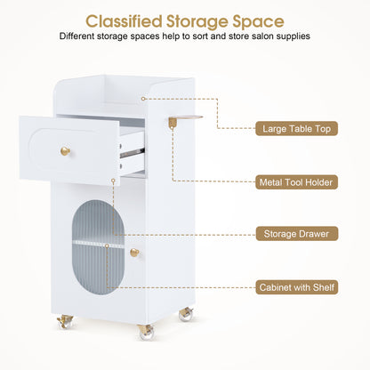 BarberPub Salon Rolling Trolley Cart with Oval Window, Barber Styling Cart with White Paint Finish 2498