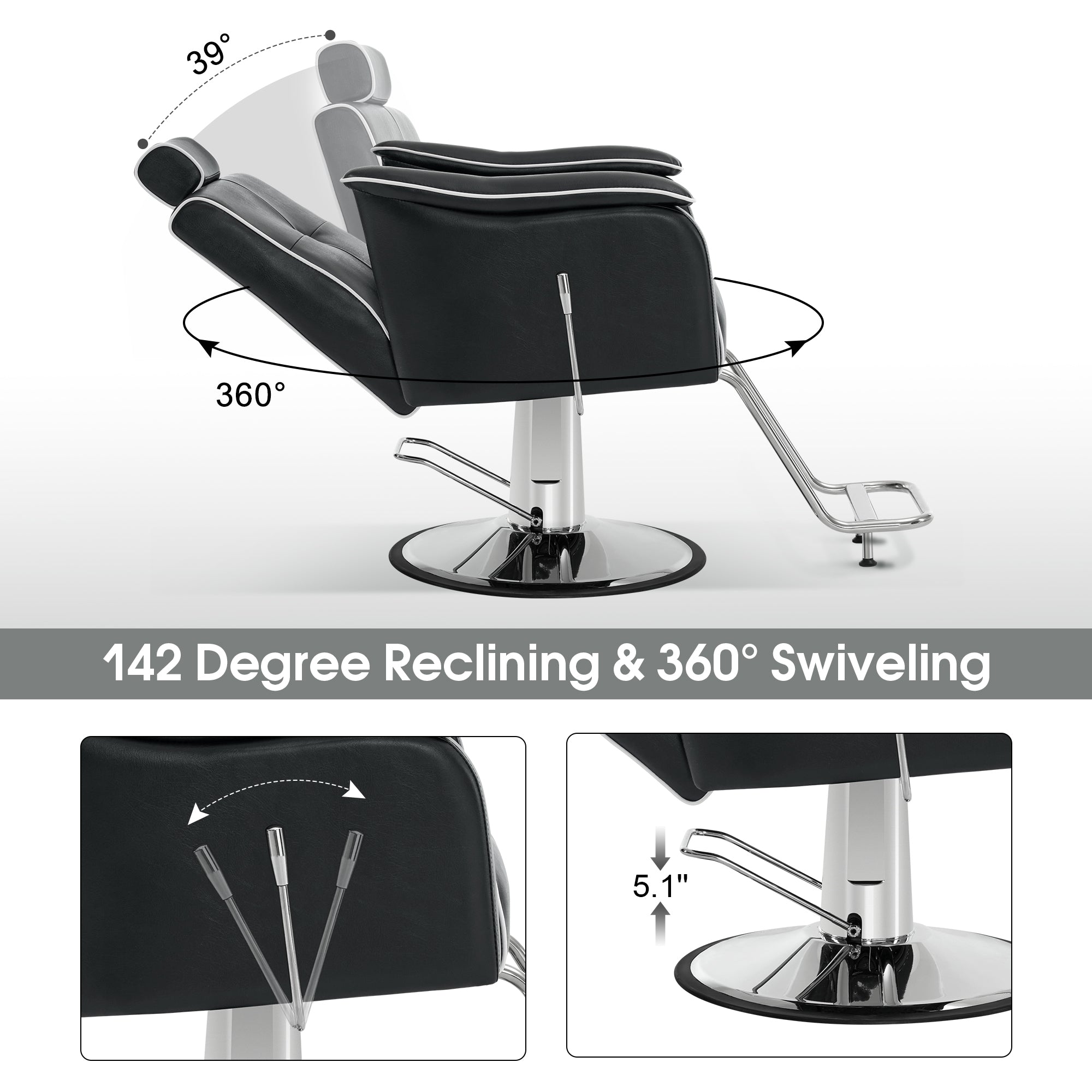 BarberPub Reclining Barber Chair for Hair Stylist, Hydraulic Hair Styling Salon Chair 9182