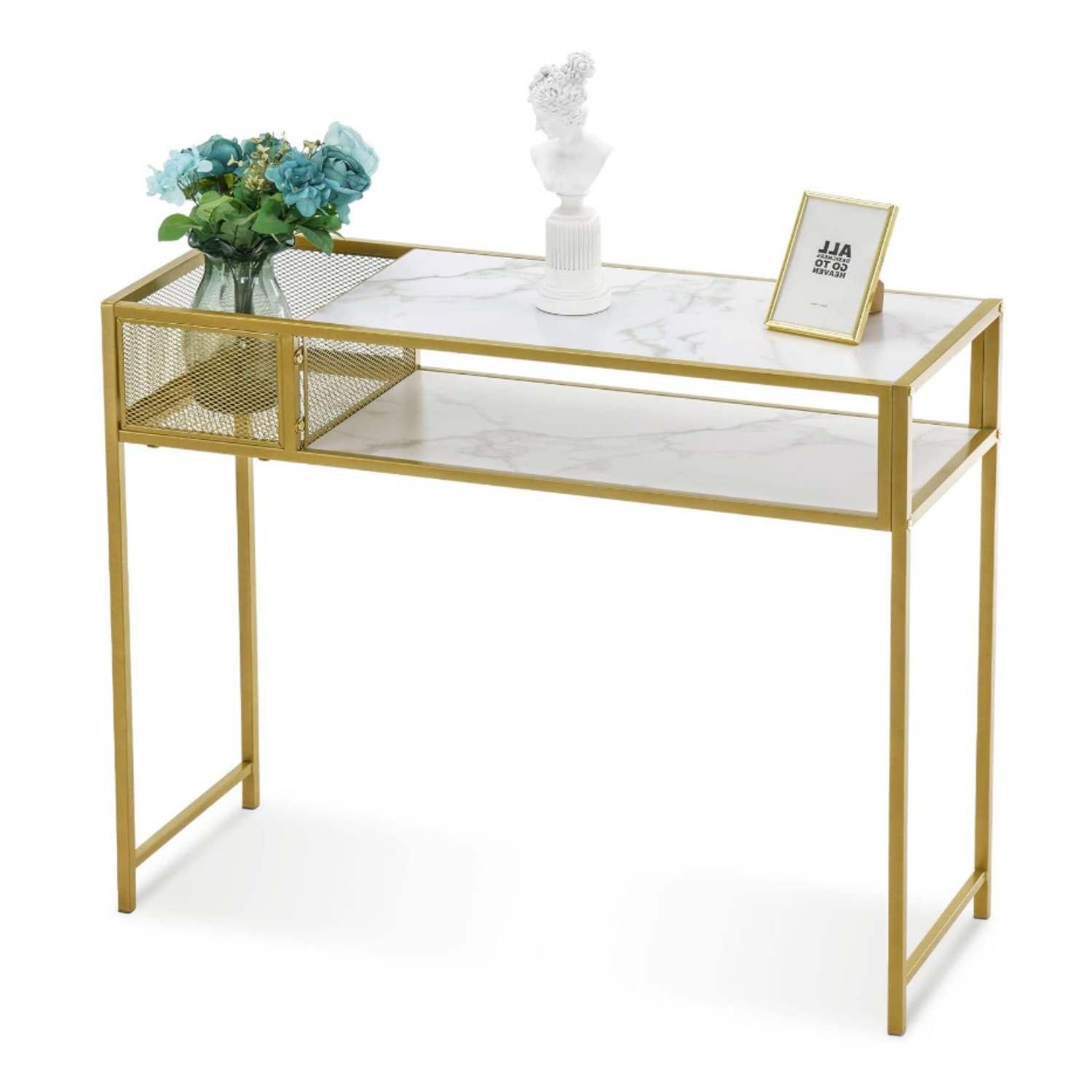 Barberpub Nail Table with Glass Shelves and Gold Metal Frame, Manicure Station Beauty Desk