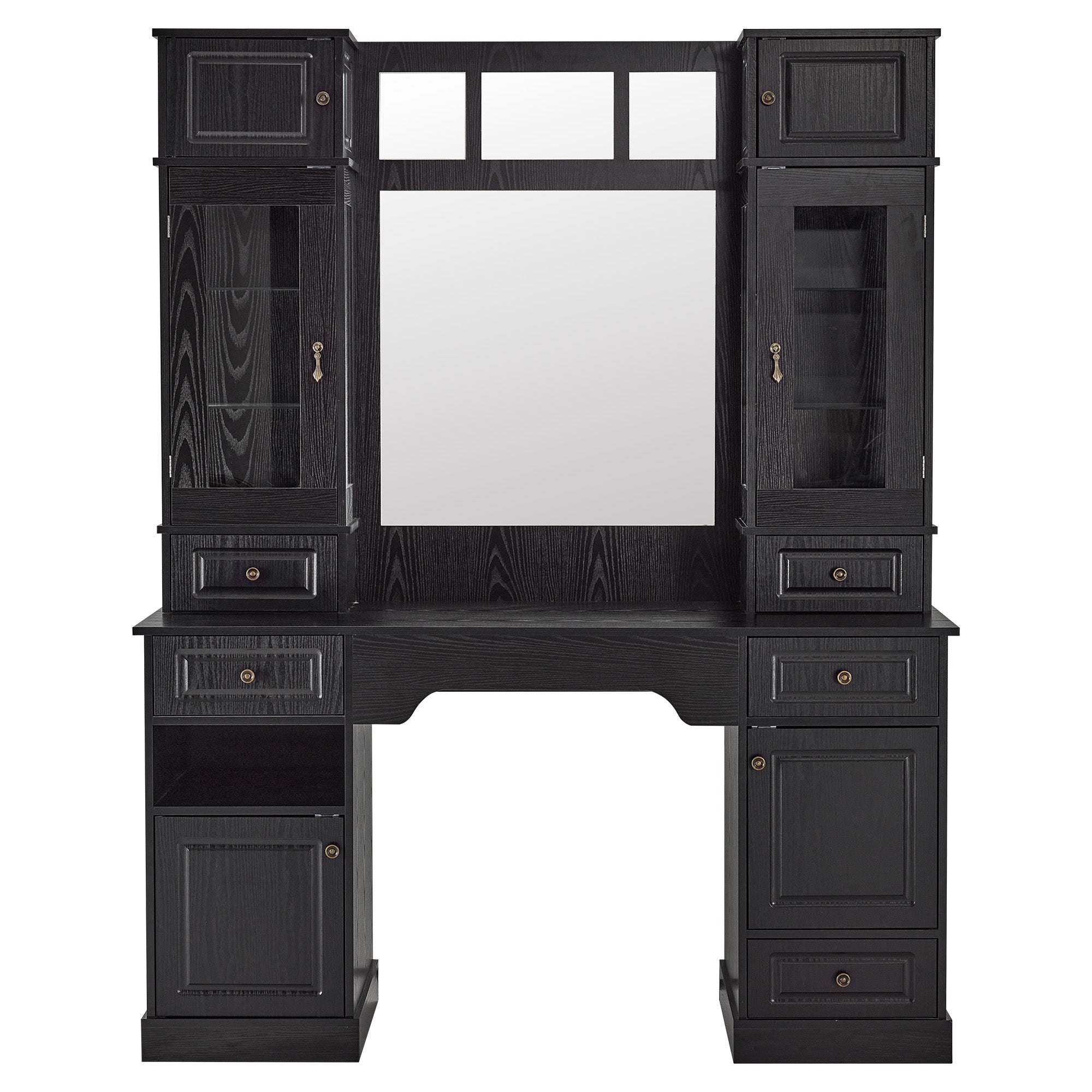Black Vintage Barber Station for Storage, Classic Salon Workstation with Integrated Mirror 3149