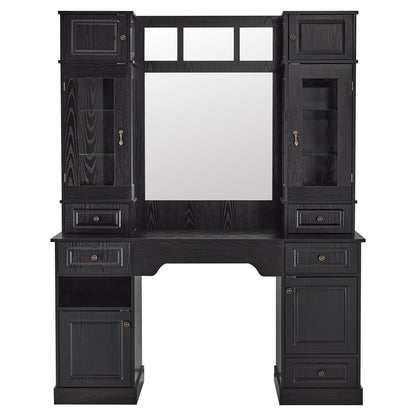 Black Vintage Barber Station for Storage, Classic Salon Workstation with Integrated Mirror 3149