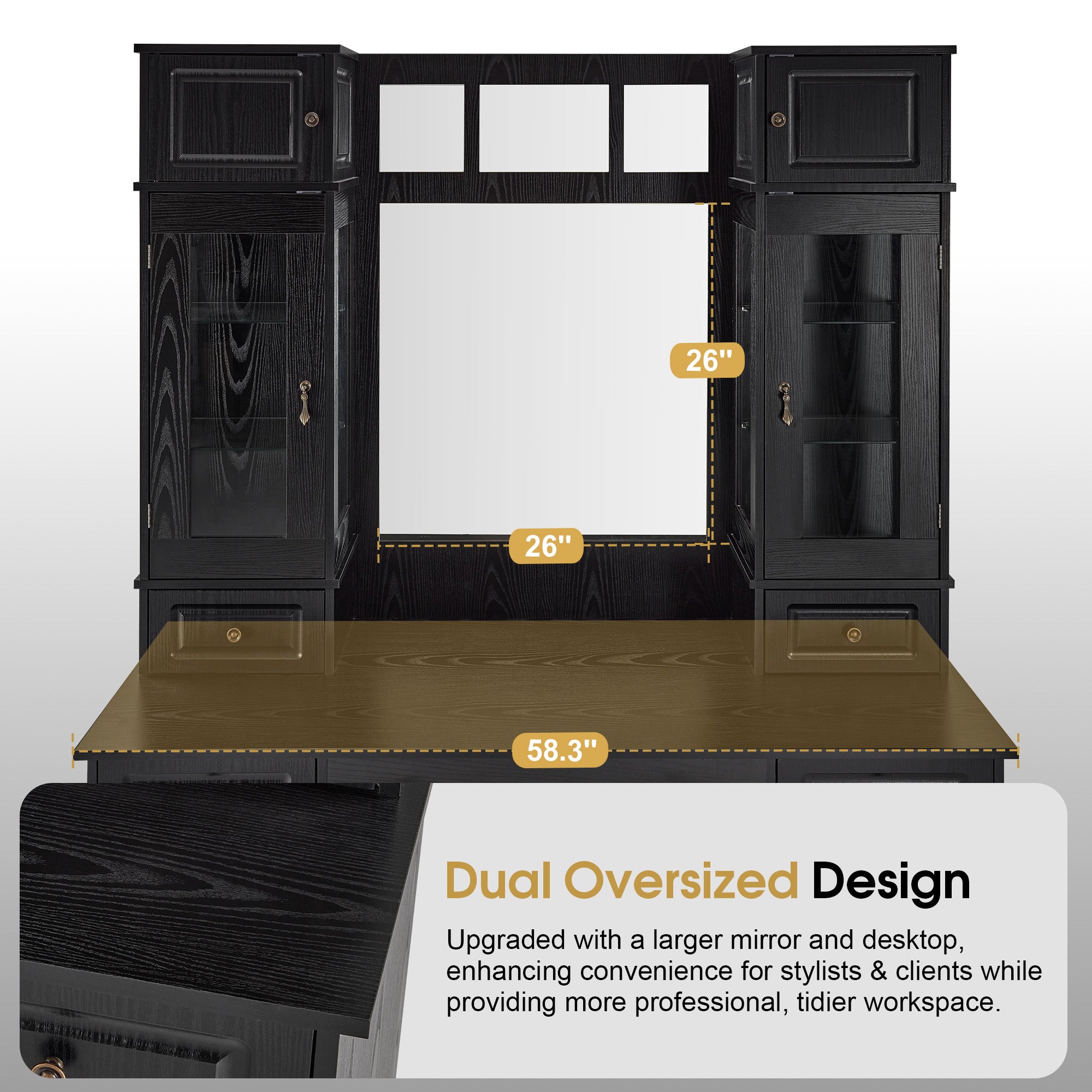 Black Vintage Barber Station for Storage, Classic Salon Workstation with Integrated Mirror 3149
