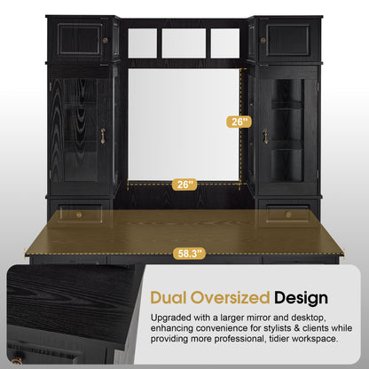 Black Vintage Barber Station for Storage, Classic Salon Workstation with Integrated Mirror 3149