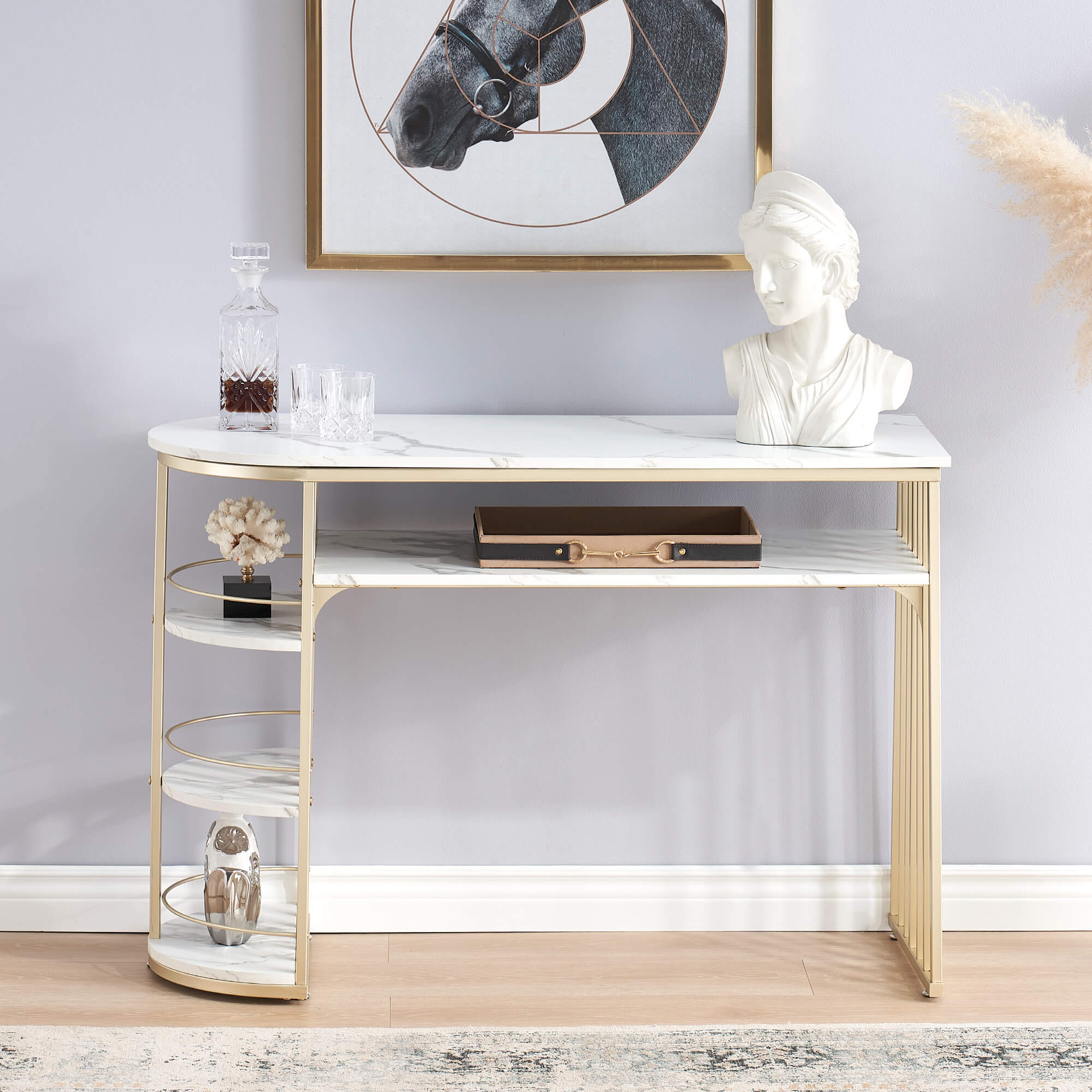 BarberPub Modern Gold Nail Desk with Storage and Faux Marble Veneer - Ideal Manicure Table 2256