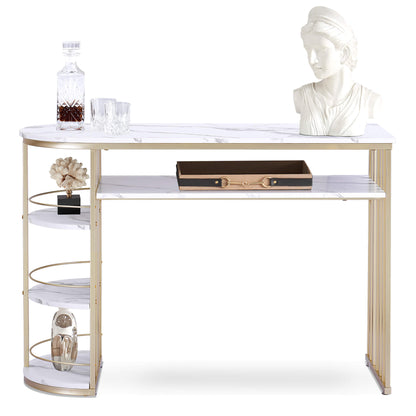 BarberPub Modern Gold Nail Desk with Storage and Faux Marble Veneer - Ideal Manicure Table 2256