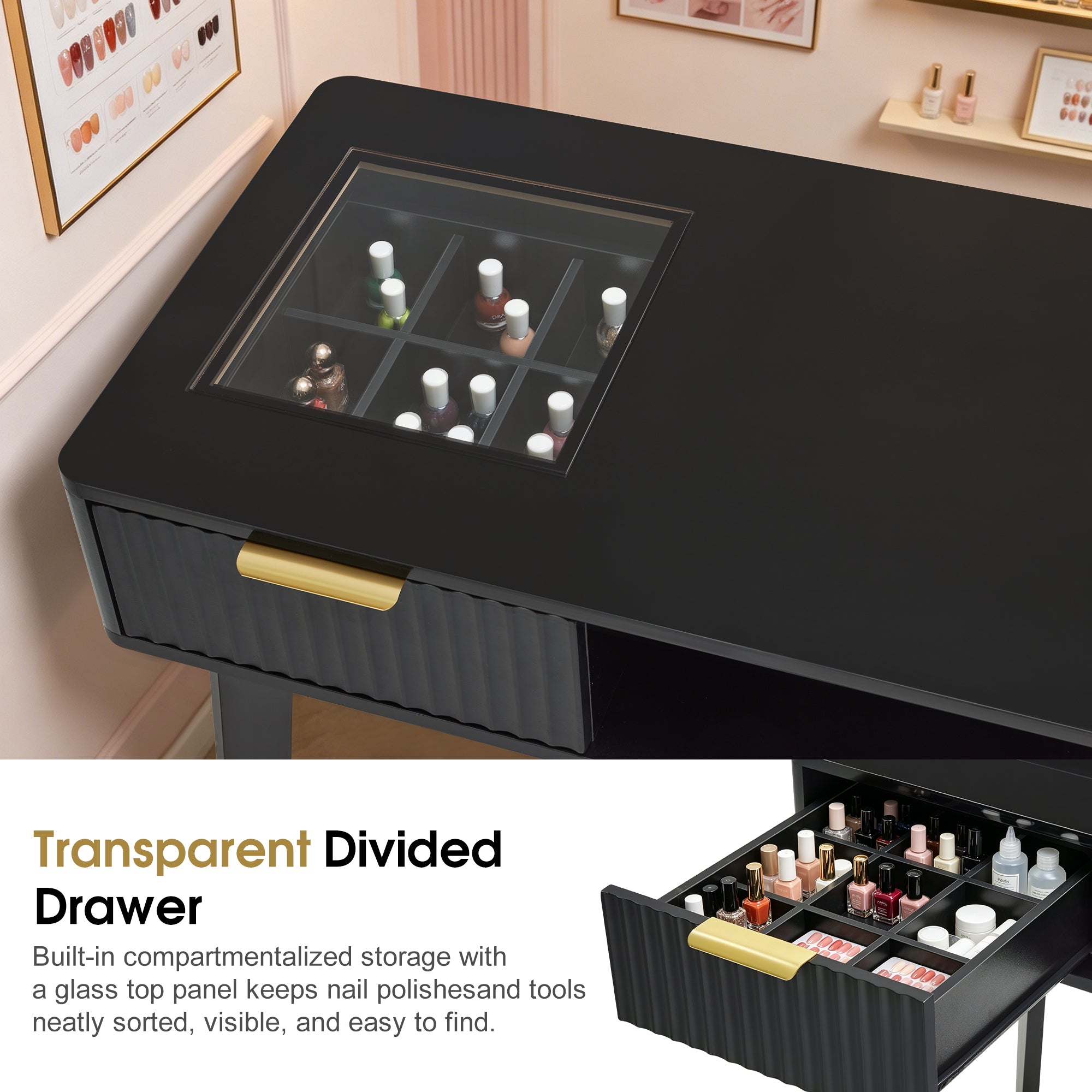 BarberPub Professional Manicure Table, High Gloss Nail Desk with Glass Display & Storage Drawers 2899
