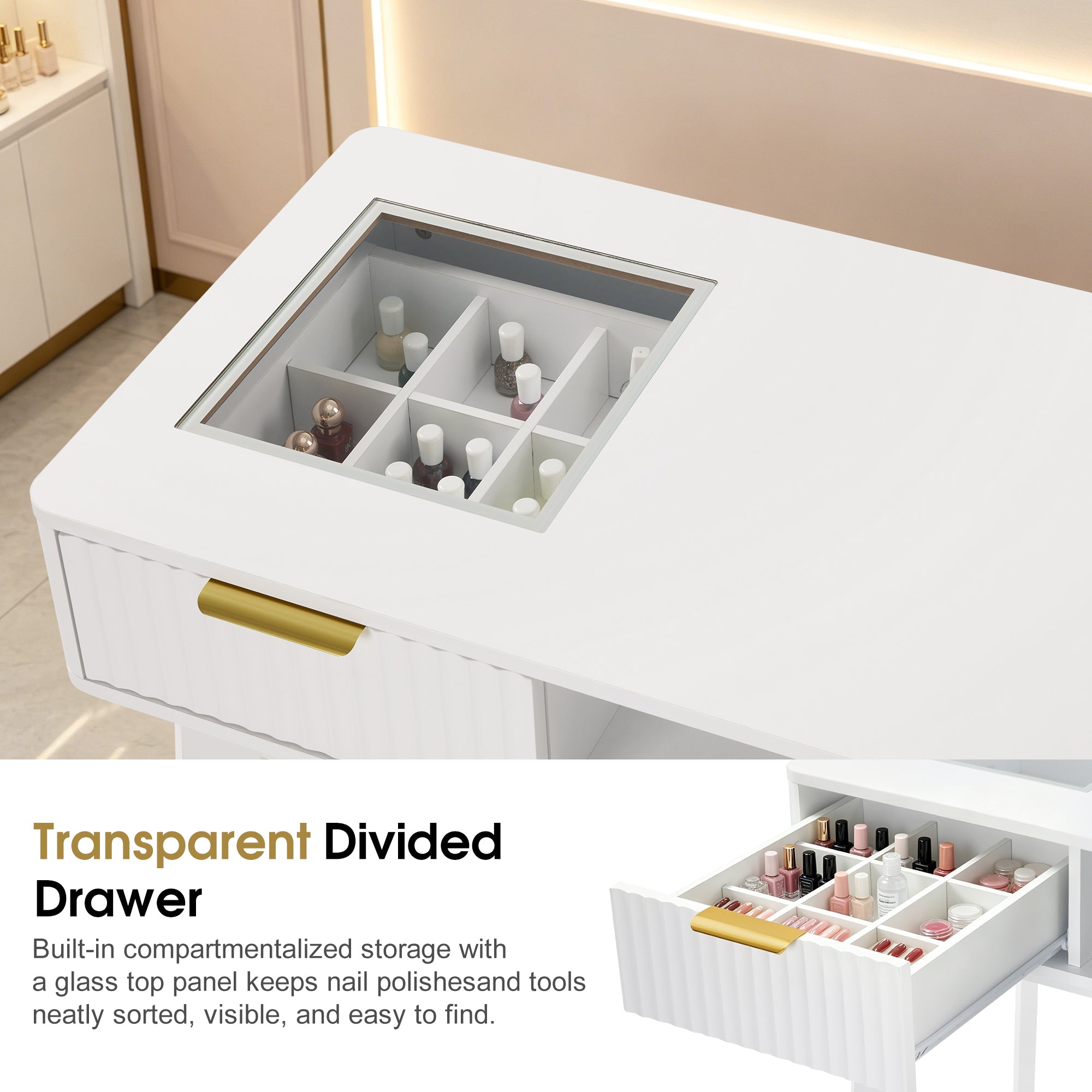BarberPub Professional Manicure Table, High Gloss Nail Desk with Glass Display & Storage Drawers 2899