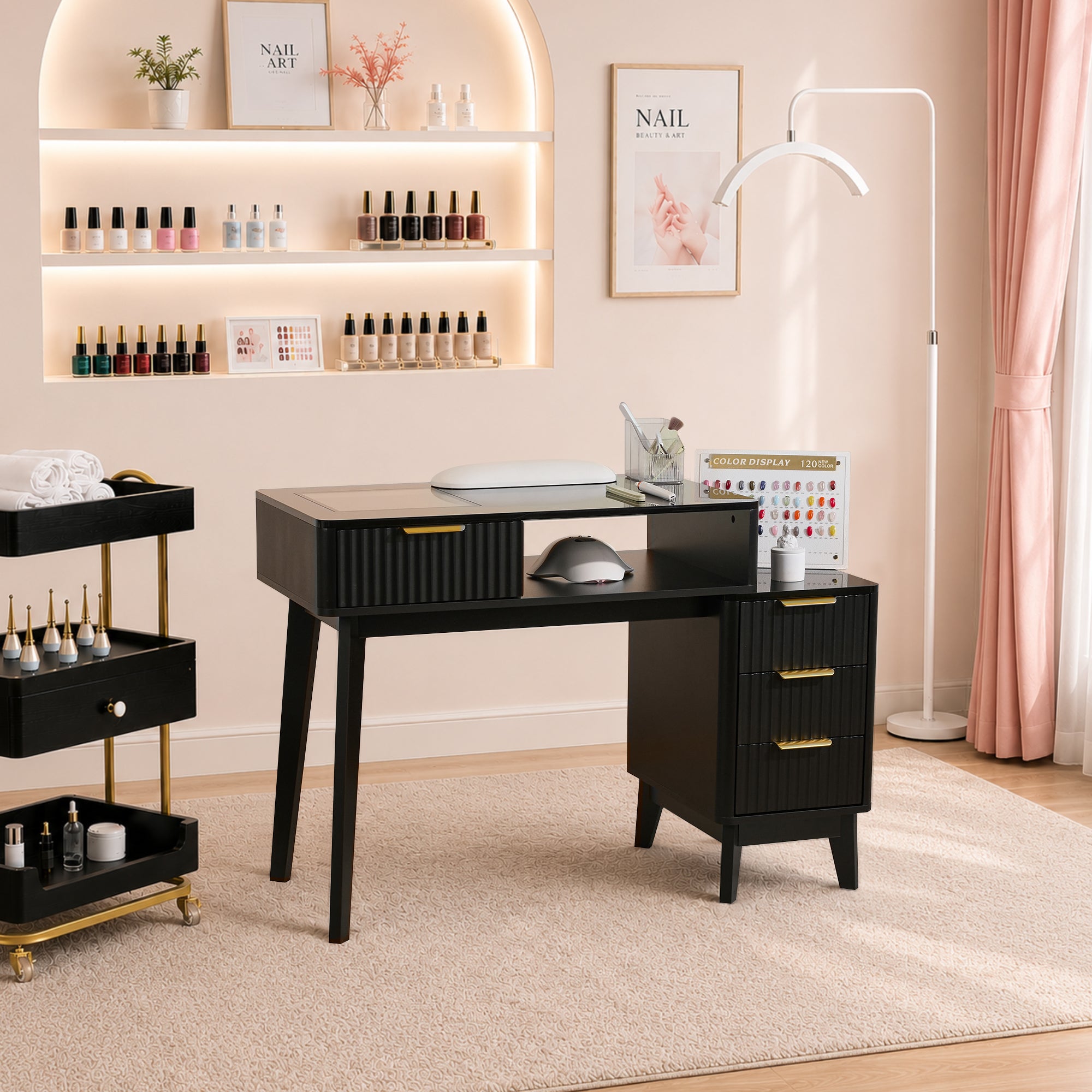 BarberPub Professional Manicure Table, High Gloss Nail Desk with Glass Display & Storage Drawers 2899