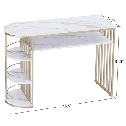 BarberPub Modern Gold Nail Desk with Storage and Faux Marble Veneer - Ideal Manicure Table 2256