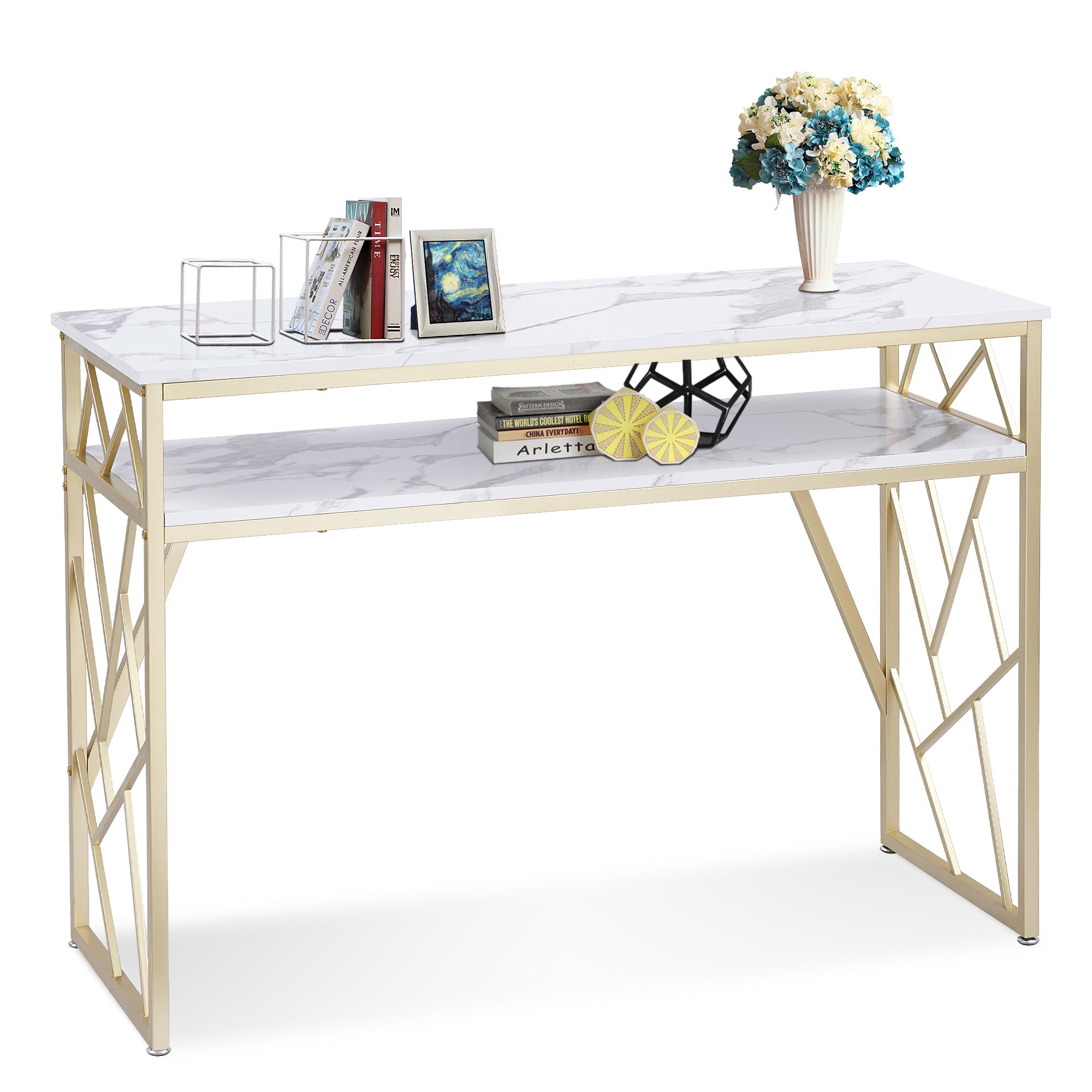 Barberpub Nail Table with Shelves and Gold Accents, White Marble Manicure Desk for Salon or Home